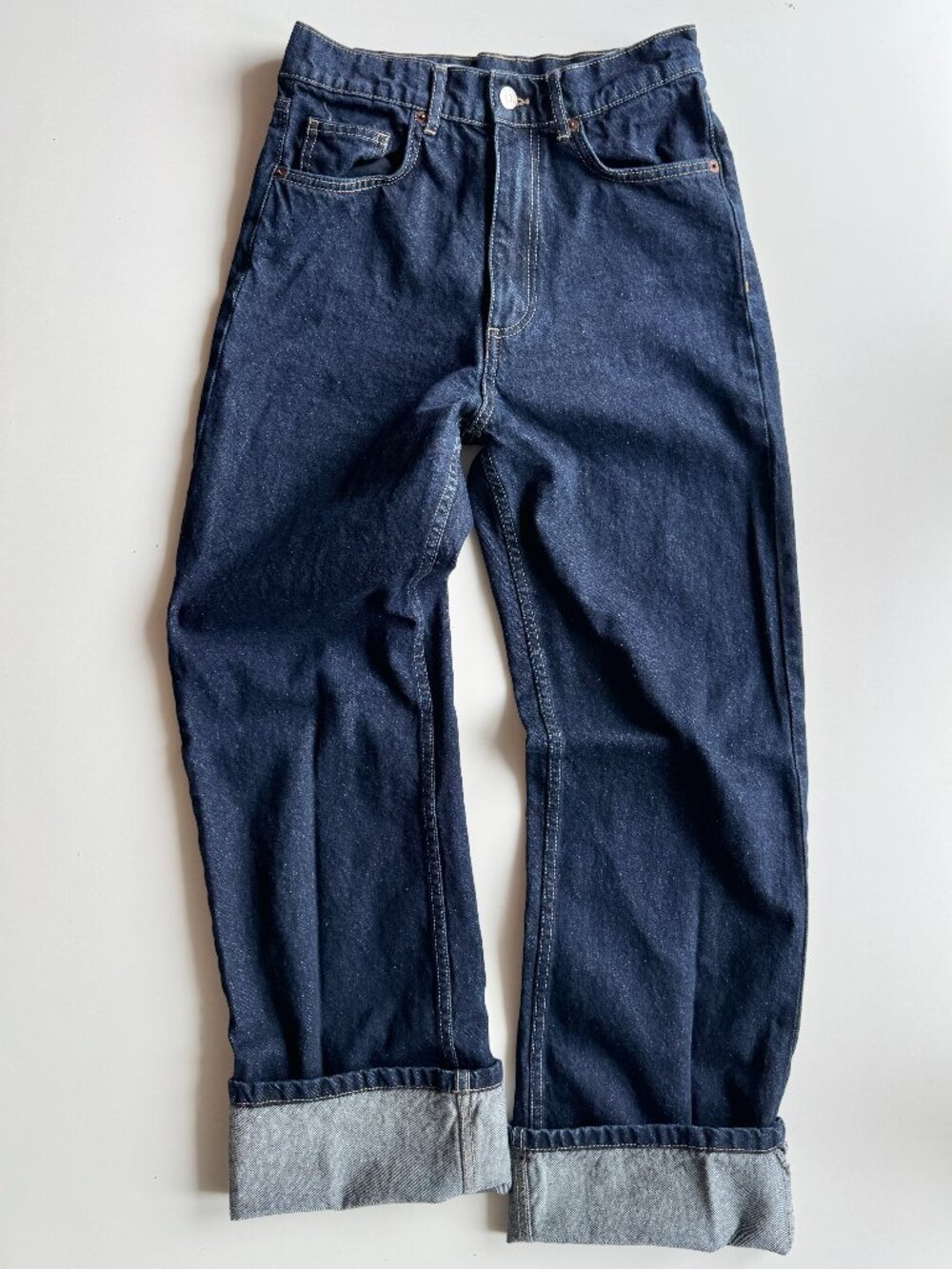 ZARA Dark Indigo Rinse High Rise Wide Leg Full Length Jeans, Size 6